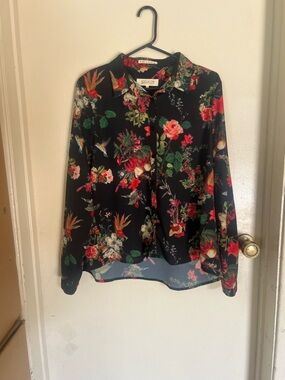 Revelation Black Floral Button-Up Shirt with Red & Green Blooms